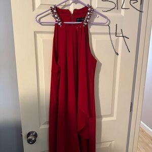 Red Sleeveless Dress with Pearl Embellishments